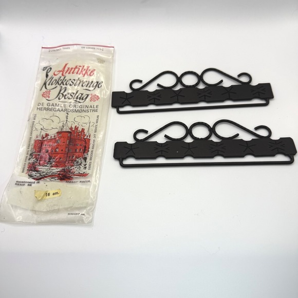 Vintage 16 cm Black Wrought Iron Bell Pull Set Scrollwork Denmark Embroidery - Picture 2 of 5